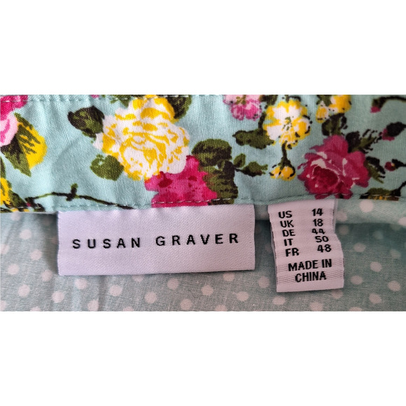 Susan Graver Women 14 Teal White Polka Dot Floral Spring Button Front Shirt - Picture 4 of 6